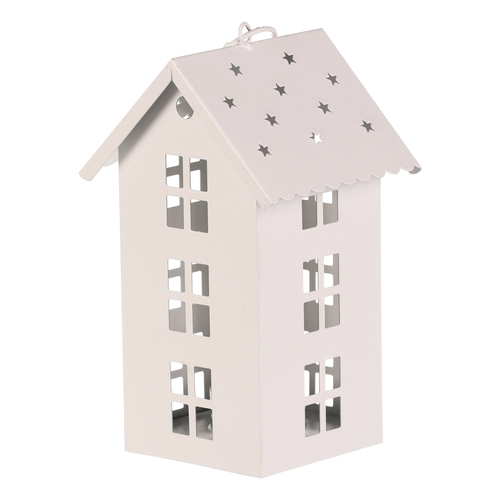 Lucerna mini - kovová, LED svíčka, patrový domek, bílá