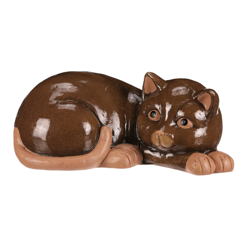Kočka - keramická figurka, ležící, vel. M, tmavě hnědá