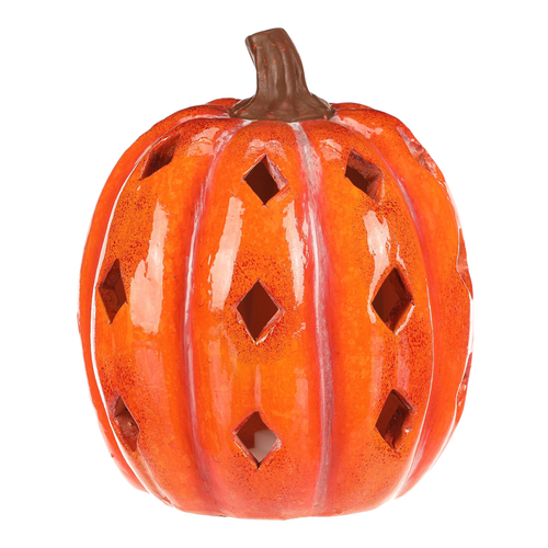 Dýně s otvory - keramika, LED osvětlení, oranžová