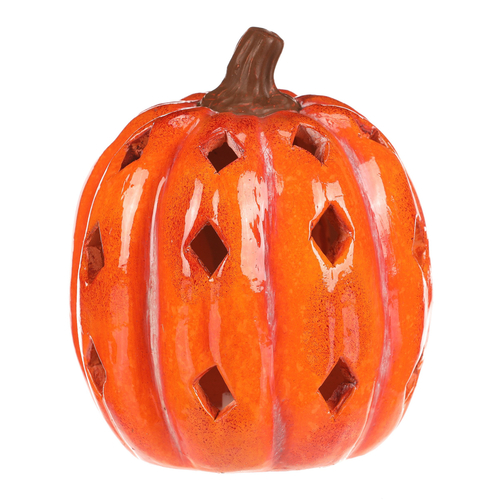 Dýně s otvory - keramika, LED osvětlení, oranžová