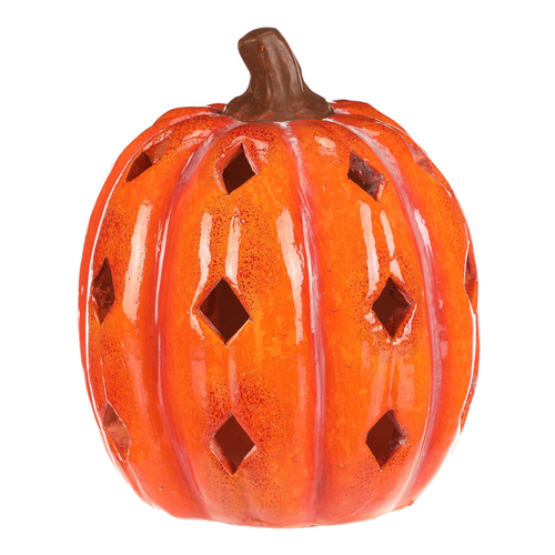 Dýně s otvory - keramika, LED osvětlení, oranžová