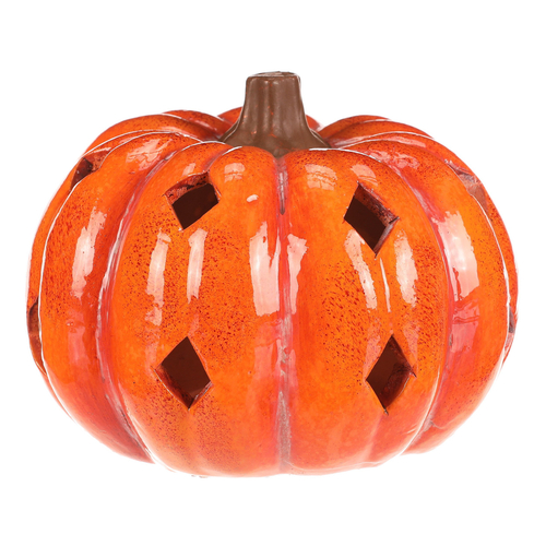 Dýně s otvory - keramika, LED osvětlení, oranžová