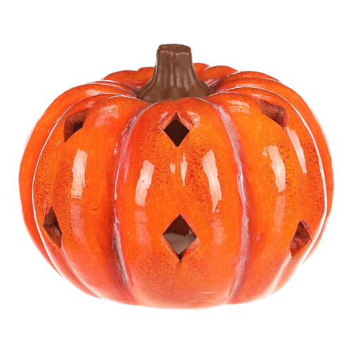 Dýně s otvory - keramika, LED osvětlení, oranžová
