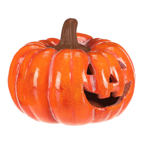 Dýně s obličejem - keramika, LED osvětlení, oranžová