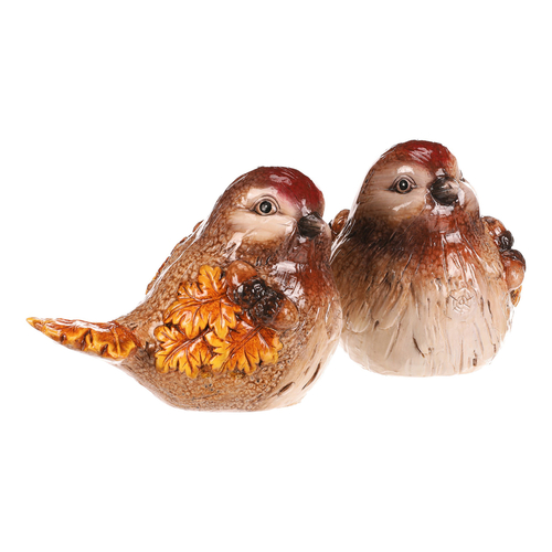 Ptáček keramický - s lístky a žaludy, žluto-hnědý, mix 2, cena za 1 ks