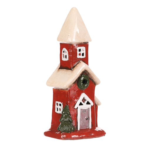 Domeček keramický - kostel, LED osvětl., červený s bílou střechou