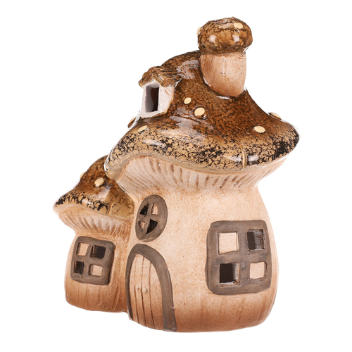 Domeček keramický - houba, dvojice, s LED osvětlením, hnědý