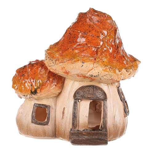 Domeček z polyresinu - houba, duo, s LED osvětlením, oranžová stříška