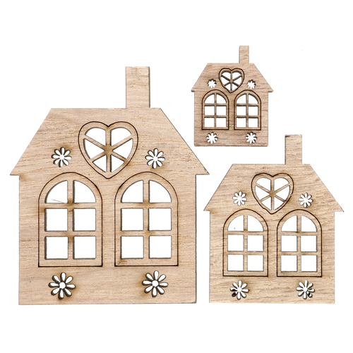 Domeček dřevěný - mix velikostí, přírodní b., cena za balení (18 ks)