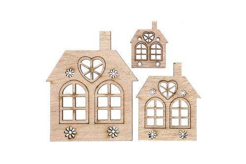 Domeček dřevěný - mix velikostí, přírodní b., cena za balení (18 ks)