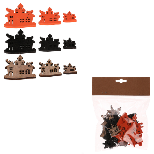 Strašidelné domečky - dřevo, mix 3 barev a vel., cena za balení (18 ks)