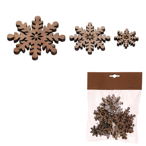 Sněhové vločky - dřevo, mix 3 vel., přírodní b., cena za balení (18 ks)