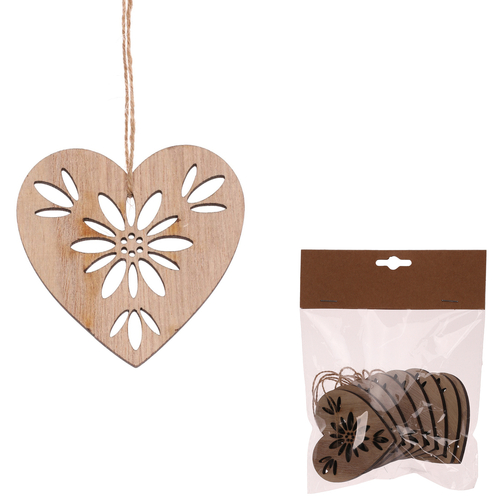 Srdce závěsné - dřevěné, přírodní, cena za balení (8 ks)