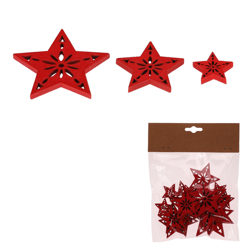 Hvězda - dřevo, mix 3 vel., červená, cena za balení (18 ks)