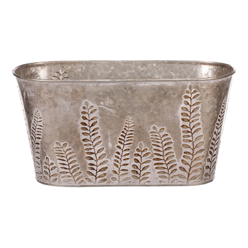 Truhlík z kovu na květiny, v tmavě krémové barvě s kapradím