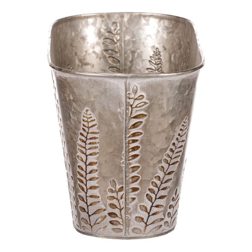 Truhlík z kovu na květiny, v tmavě krémové barvě s kapradím