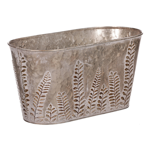 Truhlík z kovu na květiny, v tmavě krémové barvě s kapradím