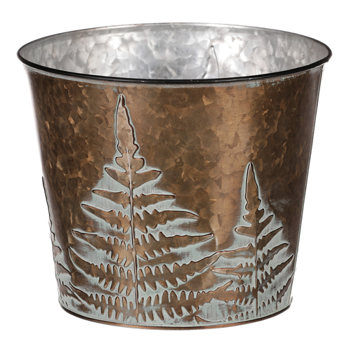 Obal z kovu na květiny, v  měděné barvě s kapradím.