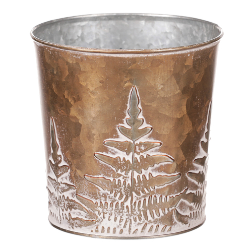 Obal z kovu na květiny, v  měděné barvě s kapradím.