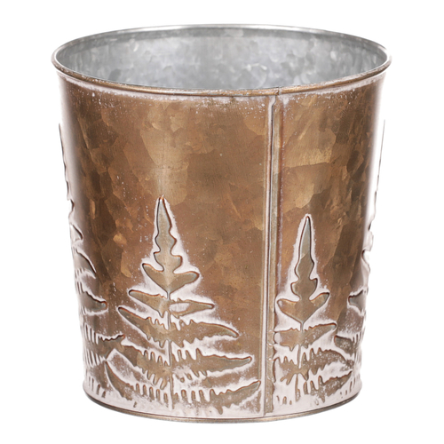 Obal z kovu na květiny, v  měděné barvě s kapradím.