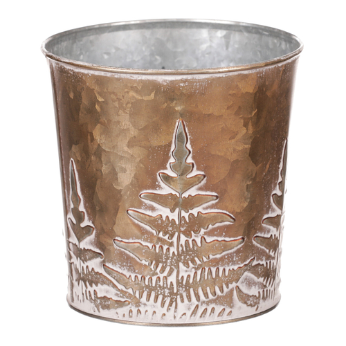 Obal z kovu na květiny, v  měděné barvě s kapradím.