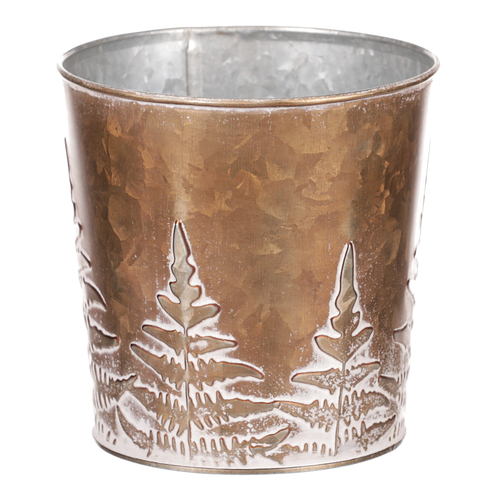 Obal z kovu na květiny, v  měděné barvě s kapradím.