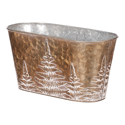 Truhlík z kovu na květiny, v  měděné barvě s kapradím.