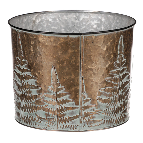 Obal z kovu na květiny, v  měděné barvě s kapradím.