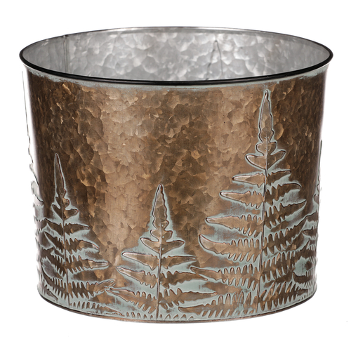 Obal z kovu na květiny, v  měděné barvě s kapradím.