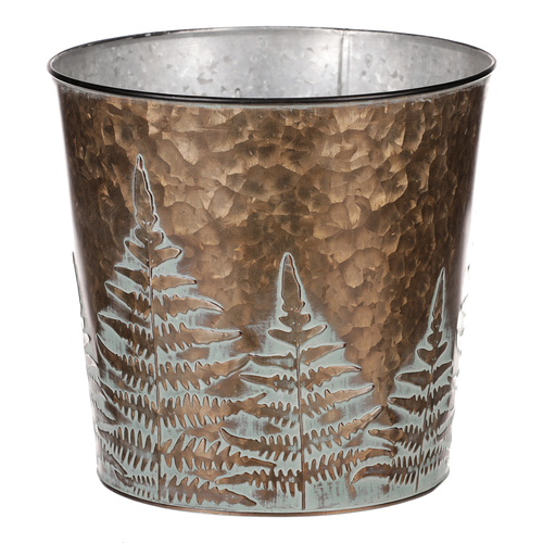 Obal z kovu na květiny, v  měděné barvě s kapradím.