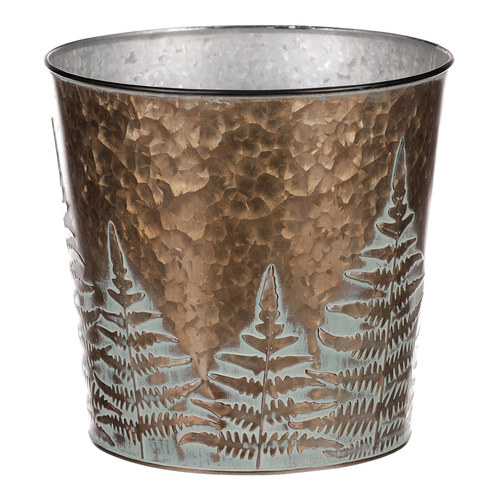 Obal z kovu na květiny, v  měděné barvě s kapradím.