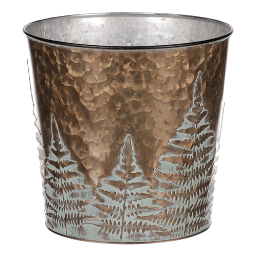 Obal z kovu na květiny, v  měděné barvě s kapradím.