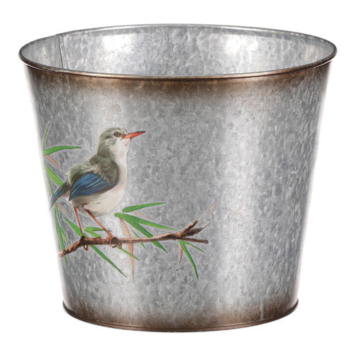 Kovový obal na květiny, design s ptáčky.