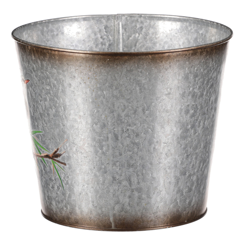 Kovový obal na květiny, design s ptáčky.