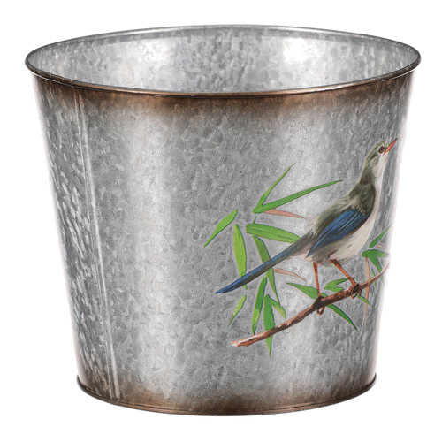 Kovový obal na květiny, design s ptáčky.