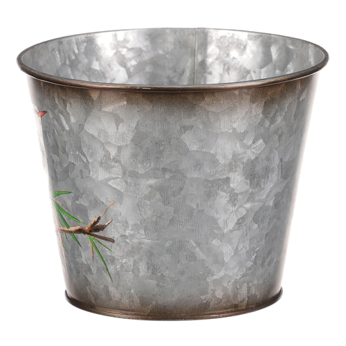 Kovový obal na květiny, design s ptáčky.