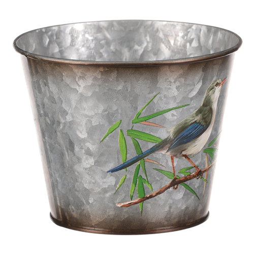 Kovový obal na květiny, design s ptáčky.