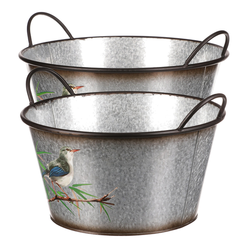 Kovový obal na květiny, sada 2ks, design s ptáčky.