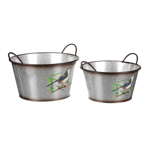 Kovový obal na květiny, sada 2ks, design s ptáčky.