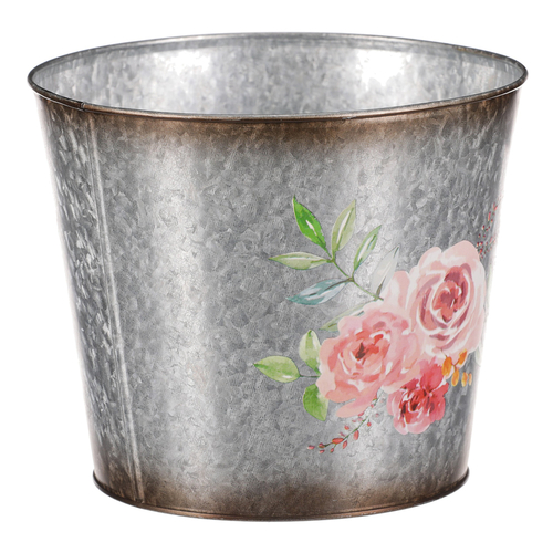 Kovový obal na květiny. Design s růžemi.