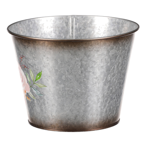 Kovový obal na květiny. Design s růžemi.