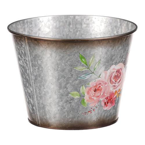 Kovový obal na květiny. Design s růžemi.