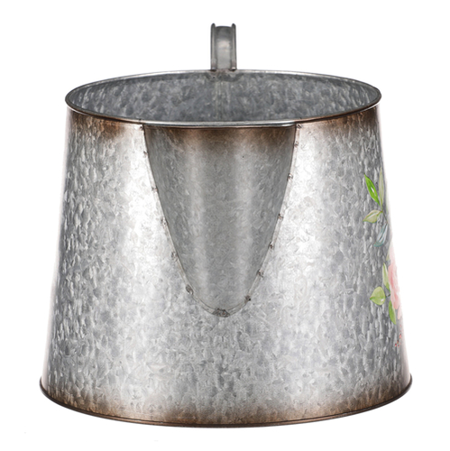 Kovový obal na květiny, tvar konve. Design s růžemi.