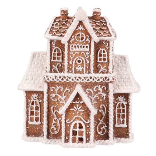 Domeček perníkový - polyresin, LED osvětl., hnědý s bílým zdobením