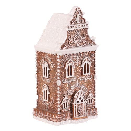 Domeček perníkový - polyresin, LED osvětl., hnědý s bílým zdobením