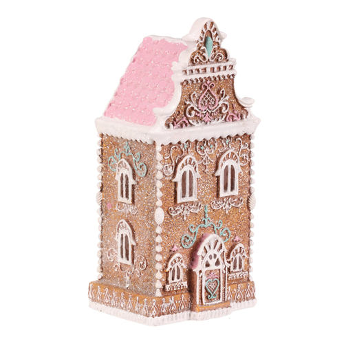 Domeček perníkový - polyresin, LED osvětl., hnědý s barevným zdobením
