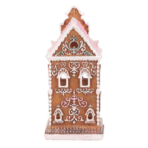 Domeček perníkový - polyresin, LED osvětl., hnědý s barevným zdobením