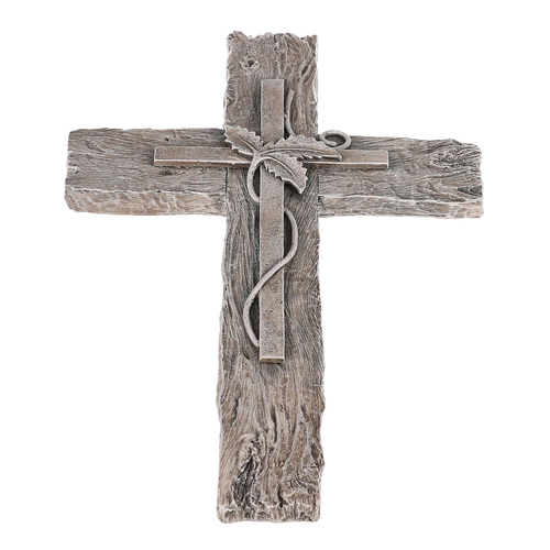 Kříž s lístky, imitace dřeva - polyresin, šedý