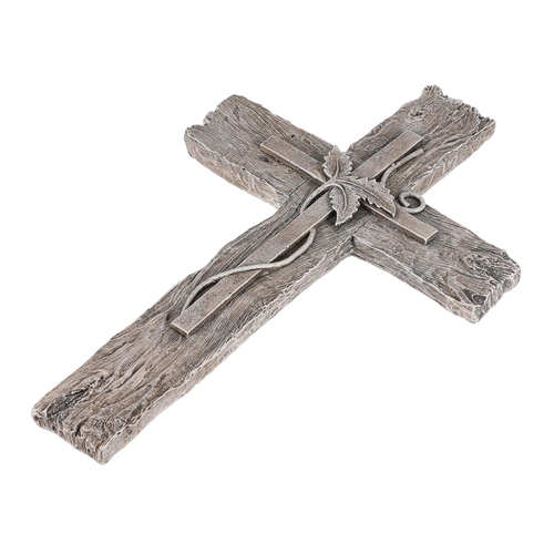 Kříž s lístky, imitace dřeva - polyresin, šedý