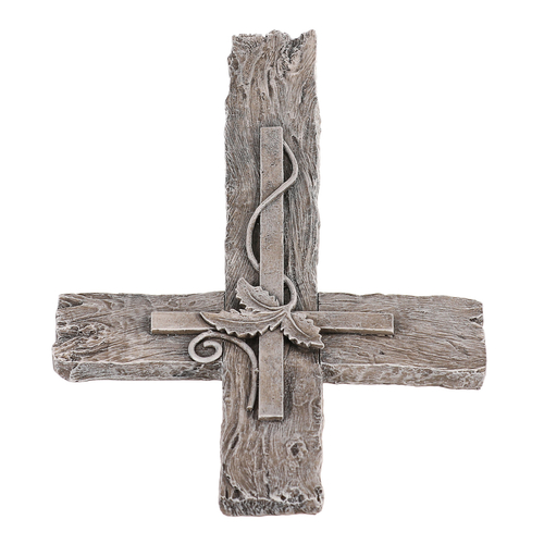 Kříž s lístky, imitace dřeva - polyresin, šedý